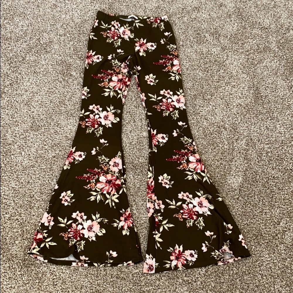 Olive Green floral print bell bottoms